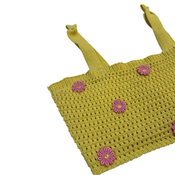 Yellow Knit Crop Top with Pink Flower Accents - Picture 2 of 6